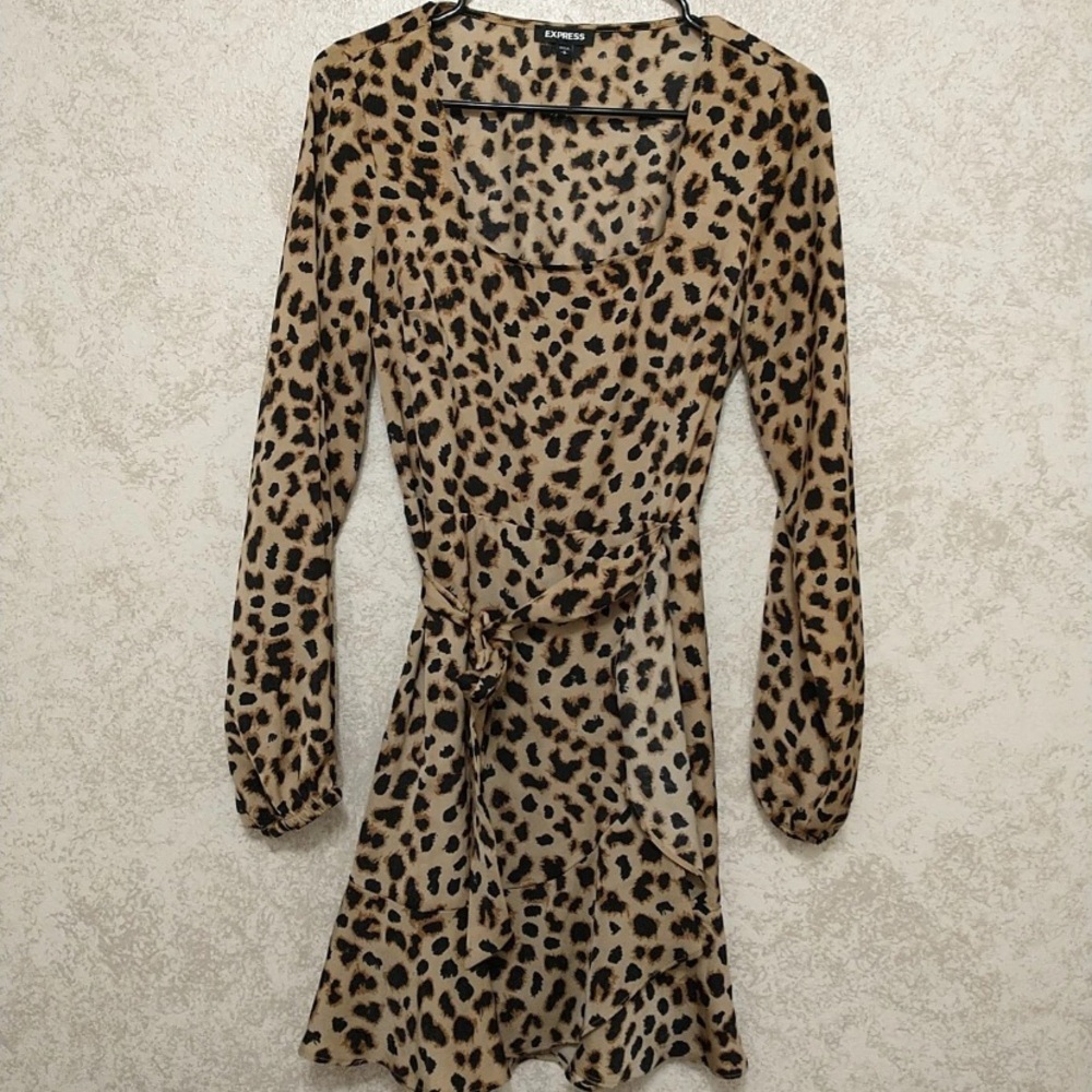 Express Leopard Print Long Sleeve Faux Wrap Dress